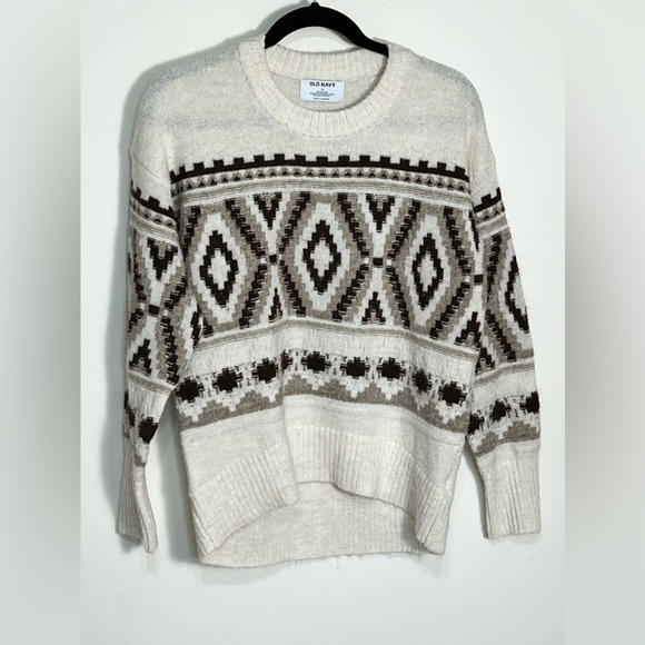Old Navy Women Sweatshirt Ivory Cream Aztec Fair Isle Knit Pullover Extra Small - Picture 1 of 9